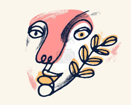 Ilustración de Retrato abstracto vector cara chica, abstracción arte mujer cabeza, dibujado a mano mínima obra de arte moderno, pintado abstracción facial humana. - Imagen libre de derechos