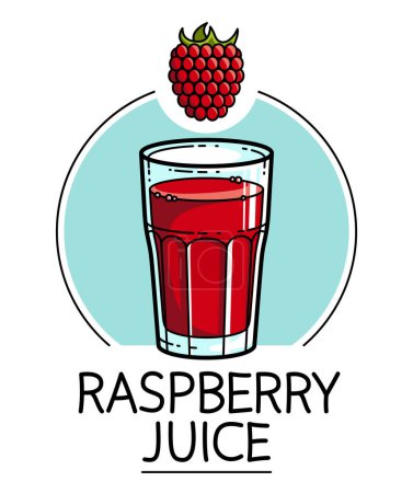 Illustration for Rspberry juice in a glass isolated on white background vector illustration, cartoon style logo or badge for pure fresh juice, diet food beverage delicious and healthy. - Royalty Free Image