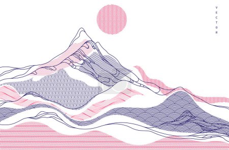 Téléchargez les illustrations : Fond vectoriel d'art oriental japonais abstrait, design de style traditionnel, formes ondulées et paysage de terrain de montagne, lignes de mer coulantes comme. - en licence libre de droit
