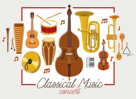 Instruments de musique classiques affiche vectorielle illustration de style plat, flyer ou bannière acoustique pour orchestre classique, concert ou festival son live, diversité des outils musicaux.
