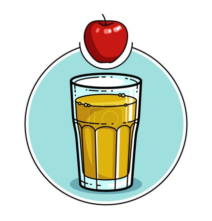 Ilustración de Zumo de manzana en un vaso aislado en la ilustración del vector de fondo blanco, logotipo de estilo de dibujos animados o insignia para el jugo fresco puro, bebida dietética deliciosa y saludable. - Imagen libre de derechos
