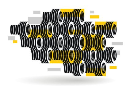 Ilustración de Arquitectura moderna abstracta vector fondo geométrico, patrón isométrico 3D con cilindros, tubos y tubos arte óptico rítmico. - Imagen libre de derechos
