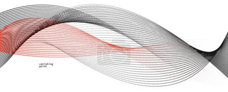 Ilustración de Ilustración abstracta del vector de fondo, puntos rojos y negros en movimiento por líneas de curva, ondas de flujo de partículas aisladas, ilustración monocromática en blanco y negro. - Imagen libre de derechos