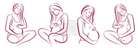 Illustration for Pregnancy and motherhood theme vector illustrations set pregnant woman drawings isolated on white background, prenatal pregnant beautiful female new life theme. - Royalty Free Image