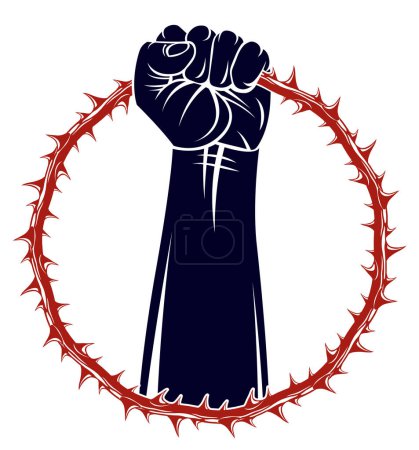 Illustration for Strong hand clenched fist fighting for freedom against blackthorn thorn slavery theme illustration, vector logo or tattoo, through the thorns to the stars concept. - Royalty Free Image
