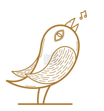 Illustration for Small cute bird singing birdsong linear vector illustration isolated on white, line art illustration of cartoon birdie. - Royalty Free Image