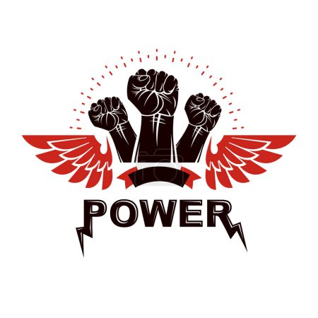 Winged clenched fists of angry people vector emblem. People demonstration, fighting for their rights and freedom.