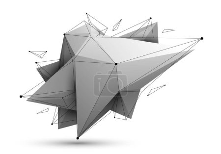 Low poly abstract form isolated on white, vector future shape design polygonal art, dimensional geometric dynamic tech theme, with mesh lines.