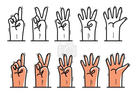 Téléchargez les illustrations : Chiffres pour un à cinq gestes de signes de la main mis à plat icônes de dessin animé vecteur isolé sur blanc. - en licence libre de droit