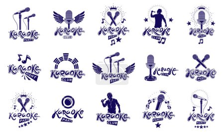 Illustration for Karaoke logos and emblems vector set, microphones and musical notes singing party or club compositions isolated collection, music entertainment nightlife weekend holidays or birthday theme. - Royalty Free Image