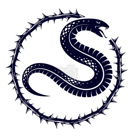 Téléchargez les illustrations : Logo vecteur de serpent emblème ou tatouage, poison mortel serpent dangereux, venin prédateur agressif reptile animal vintage style illustration. - en licence libre de droit