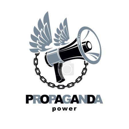 Illustration for Vector winged logo composed with loudspeaker equipment surrounded by iron chain. Propaganda as the means of influence on public opinion - Royalty Free Image