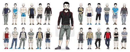 Illustration for Men in sport wear vector illustrations big set isolated on white background, attractive and handsome males in full length standing and posing with perfect athletic body, gorgeous people. - Royalty Free Image