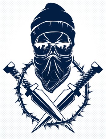 Illustration for Revolution and Riot wicked emblem or logo with aggressive skull, vector tattoo, anarchy and chaos, rebel partisan and revolutionary. - Royalty Free Image