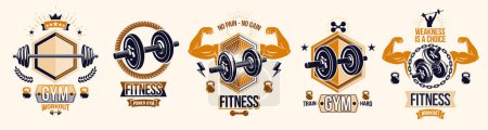 Illustration for Fitness sport emblems logos or posters with barbells dumbbells kettlebells and muscle man silhouettes vector set, athletic workout active lifestyle theme, sport club or competition awards. - Royalty Free Image