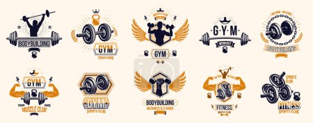 Illustration for Gym fitness sport emblems and logos vector set isolated with barbells dumbbells kettlebells and muscle body man silhouettes and hands, athletics workout sport club, active lifestyle. - Royalty Free Image