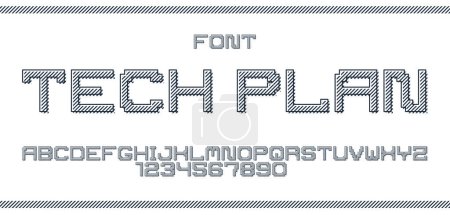 Illustration for Minimal geometric cyberpunk font, vector typeface in geometry minimalist square style, future technology simple urban Neonoire typography, alphabet letters and numbers pixel style. - Royalty Free Image
