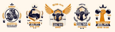 Illustration for Gym fitness sport emblems and logos vector set isolated with barbells dumbbells kettlebells and muscle body man silhouettes and hands, athletics workout sport club, active lifestyle. - Royalty Free Image