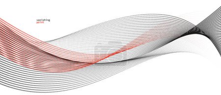 Ilustración de Ilustración abstracta del vector de fondo, puntos rojos y negros en movimiento por líneas de curva, ondas de flujo de partículas aisladas, ilustración monocromática en blanco y negro. - Imagen libre de derechos