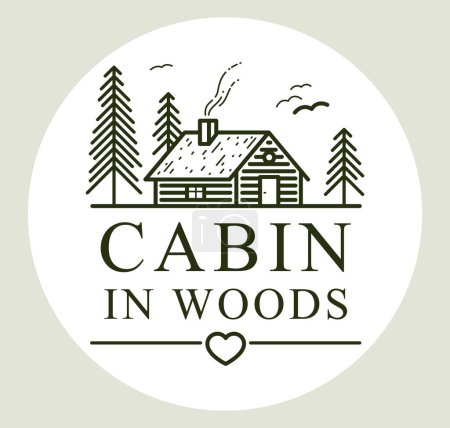 Illustration for Cabin in woods pine forest linear vector nature emblem isolated on white, log cabin cottage for rest, holidays and vacations theme line art logo, beauty in nature, woodhouse resort. - Royalty Free Image