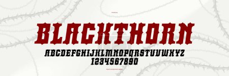 Thorn horror gothic rock display font for emblems and logos, dangerous blackthorn typeface for headlines and titles, bold serif typography alphabet letters with prickles, italic version.
