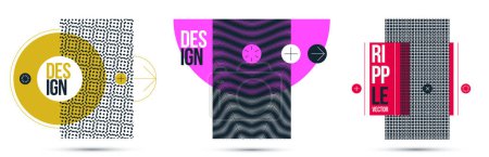 Illustration for Moire op art vector design elements, graphic style posters and banners and brochures set, abstract modern art with distorted grid. - Royalty Free Image