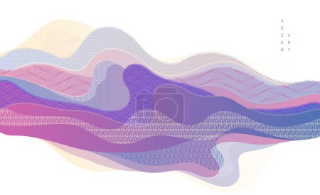 Ilustración de Abstracto oriental japonés arte vector fondo, diseño de estilo tradicional, formas onduladas y montañas terreno paisaje, escurridizo como líneas de mar. - Imagen libre de derechos
