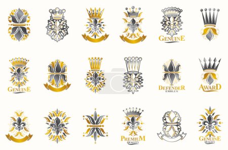 Illustration for Classic style De Lis and crowns emblems big set, lily flower symbol ancient heraldic awards and labels collection, classical heraldry design elements, family or business emblems. - Royalty Free Image
