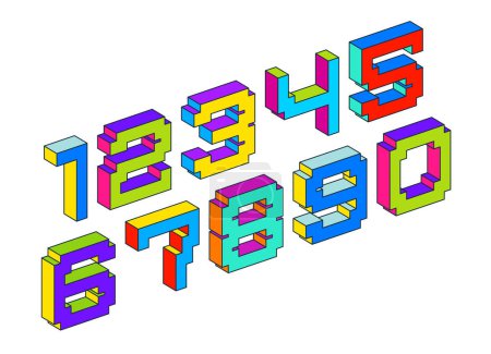 Illustration for Child constructor colorful minimal 3D square vector numbers, dimensional cubic numerals and numbers alphabet in toy style, easy and fun to learn mathematics. - Royalty Free Image