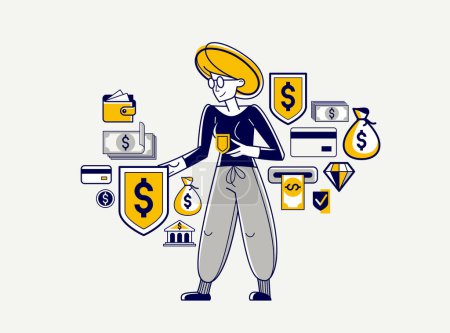 Financial safety concept vector outline illustration, young woman worker doing his job on a finance protection, customer feeling safe with his finance.