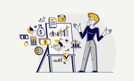 Téléchargez les illustrations : Business training vector outline illustration, coach instructor teaches people in a seminar conference about business and finance, skill-up. - en licence libre de droit