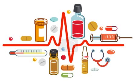 Illustration for Heartbeat cardiology theme medical drugs and different medicine composition, vector flat style illustration isolated over white, ECG with a lot of elements, can be used separately, big set. - Royalty Free Image