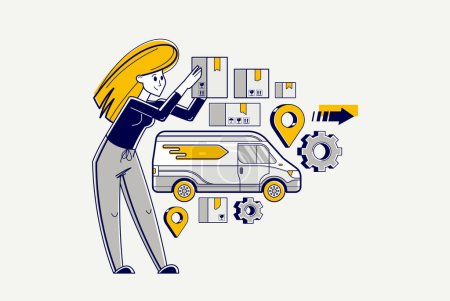 Illustration for Delivery and logistics, woman manager is preparing boxes and parcels for fast and free delivery, courier using van, order and receive goods in online shop or market. - Royalty Free Image