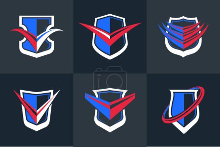 Illustration for Shield logos vector set, different ammo protection symbols collection, antivirus or sport theme, insurance or guarantee. - Royalty Free Image