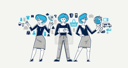 Illustration for Online shopping and discount vector outline illustration, store workers team managing goods or customers have a big choice and enjoying cheap prices, advisers and consultants. - Royalty Free Image