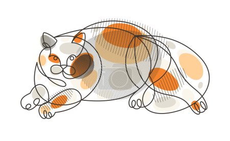 Téléchargez les illustrations : Nice cute cat linear vector illustration, line art drawing of pussycat relaxing, artistic outline minimal sketch of fat and lazy cat. - en licence libre de droit