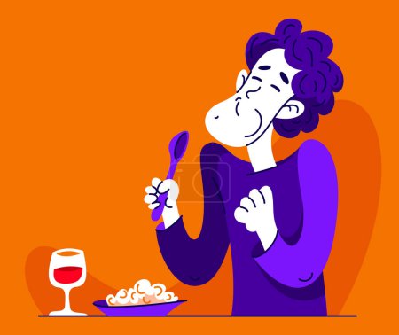 Ilustración de Joven come sabroso plato con una taza de vino, vector ilustración de un chico disfruta de la comida. - Imagen libre de derechos