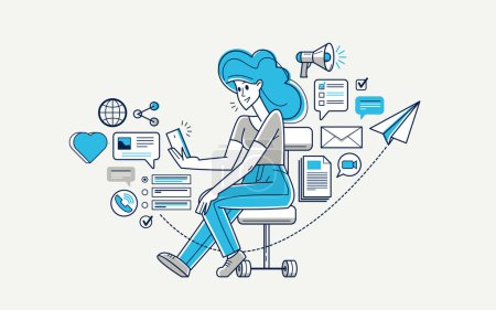 Online work on a phone concept vector outline illustration, smartphone remote virtual working freelancer or a part of coworking team working on distance.