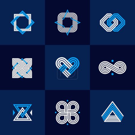 Ilustración de Conjunto de vectores de símbolos lineales geométricos abstractos, elementos de diseño gráfico para la creación de logotipos, líneas entrelazadas colección de iconos de estilo vintage. - Imagen libre de derechos