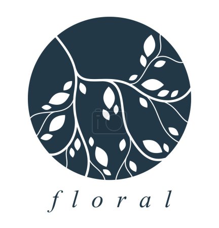 Illustration for Round floral vintage linear logo design template for boutique or hotel or salon logo isolated on white, beautiful line drawing of leaves composition in a circle, branches growth nature. - Royalty Free Image