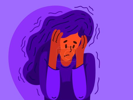 Illustration for Young woman feeling stressed and uncomfortable, vector illustration of a person having mental disorder panic and anxiety, psychological problems. - Royalty Free Image