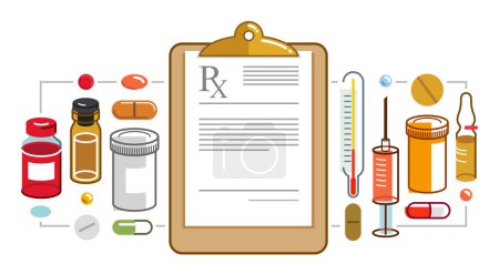 Illustration for Prescription of medicine concept, different drugs and meds vector flat style illustration isolated over white, advertising banner health care and healing medical theme design, RX. - Royalty Free Image