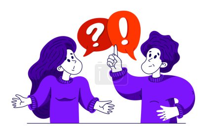 Illustration for Young man has a good answer to a woman question and doubts, vector illustration of young people helping each other to solve some problem. - Royalty Free Image