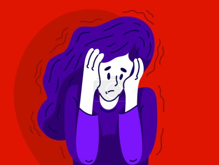 Mujer joven que tiene un problema psicológico de estrés o ansiedad, ilustración vectorial de chica estresada que tiene trastorno mental o cansado, dolor de cabeza dibujo de estilo plano.