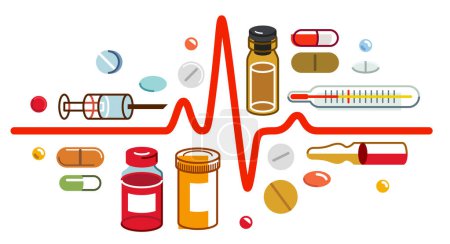Illustration for Heartbeat cardiology theme medical drugs and different medicine composition, vector flat style illustration isolated over white, ECG with a lot of elements, can be used separately, big set. - Royalty Free Image