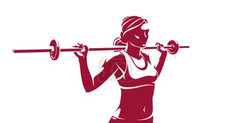 Ilustración de Young attractive woman with perfect muscular body training with a barbell vector illustration isolated, sport exercises active lifestyle. - Imagen libre de derechos