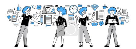 Team doing office work vector outline illustration, career in company for employees, teamwork business and paperwork, office workers.