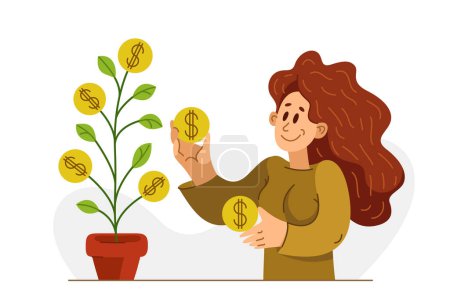 Ilustración de Mujer joven tiene una olla con un árbol de dinero, vector concepto de ahorro e inversiones, retorno de la inversión, finanzas. - Imagen libre de derechos