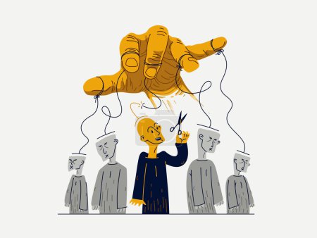 Hand of a toxic manipulator controls his victims and one person has freed from control, social manipulations and independence, vector illustration of psychological manipulation.