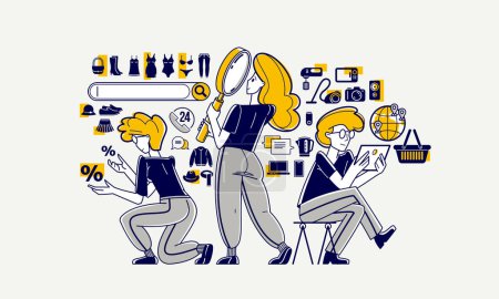 Illustration for Online shopping and discount vector outline illustration, store workers team managing goods or customers have a big choice and enjoying cheap prices, advisers and consultants. - Royalty Free Image